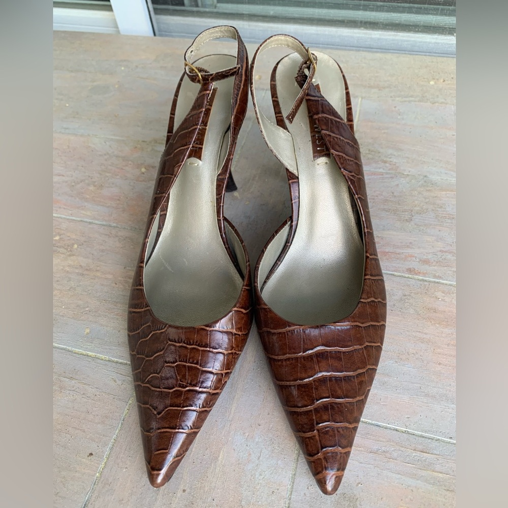 Nine West Brown Mock Croc-Embossed leather Strappy backless  Heels Size :8 - Picture 4 of 9